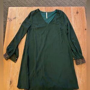 Boutique Long Sleeve Hunter Green Dress with Beaded Cuffs - Great for Holidays